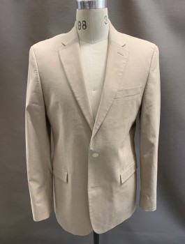 Mens, Sportcoat/Blazer, TOMMY HILFIGER, Beige, Cotton, Spandex, Solid, 40L, Single Breasted, 2 Buttons, 3 Pockets, Notched Lapel, Double Vent