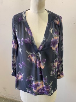 Womens, Blouse, JOE'S, Blue-Gray, Aubergine Purple, Lavender Purple, Rose Pink, Polyester, Abstract , XS, V Neck with Placket, Shoulder Smocking, Georgette, Button Cuffs, Band Collar