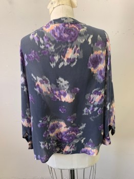 Womens, Blouse, JOE'S, Blue-Gray, Aubergine Purple, Lavender Purple, Rose Pink, Polyester, Abstract , XS, V Neck with Placket, Shoulder Smocking, Georgette, Button Cuffs, Band Collar