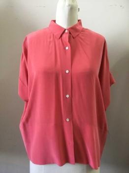EVERLANE, Coral Pink, Silk, Solid, Button Front, Collar Attached, Short Sleeves, Drop Shoulders, Boxy