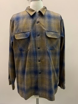 Mens, Casual Shirt, PENDLETON, Khaki Brown, Mustard Yellow, Navy Blue, Wool, Plaid, XL, L/S, Button Front, Collar Attached, Chest Pocket
