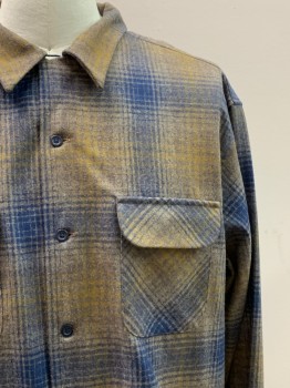Mens, Casual Shirt, PENDLETON, Khaki Brown, Mustard Yellow, Navy Blue, Wool, Plaid, XL, L/S, Button Front, Collar Attached, Chest Pocket