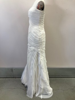 VERA WANG, Off White, Solid, Strapless, Boning, Crossover Ruffle Layers With Raw Hem, Back Zip,