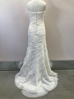 Womens, Wedding Gown, VERA WANG, Off White, Solid, Strapless, Boning, Crossover Ruffle Layers With Raw Hem, Back Zip,