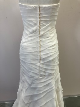 VERA WANG, Off White, Solid, Strapless, Boning, Crossover Ruffle Layers With Raw Hem, Back Zip,
