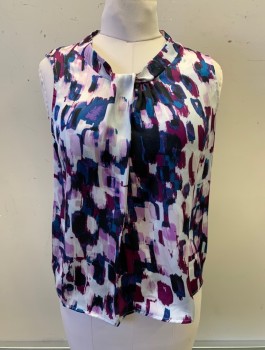 Womens, Blouse, NINE WEST, White, Magenta Purple, Navy Blue, Lavender Purple, Polyester, Abstract , M, Sleeveless, Round Neck With Self Vertical Pleat At Center Front, Pullover