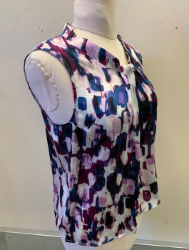 NINE WEST, White, Magenta Purple, Navy Blue, Lavender Purple, Polyester, Abstract , Sleeveless, Round Neck With Self Vertical Pleat At Center Front, Pullover