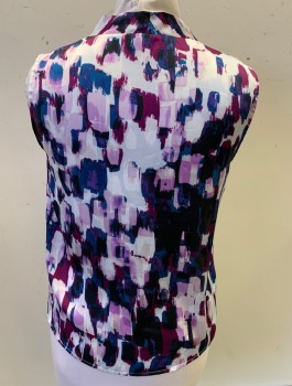 Womens, Blouse, NINE WEST, White, Magenta Purple, Navy Blue, Lavender Purple, Polyester, Abstract , M, Sleeveless, Round Neck With Self Vertical Pleat At Center Front, Pullover