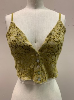 Womens, Top, URBAN OUTFITTERS, Moss Green, Cotton, Nylon, Solid, S, Spaghetti Strap, V-N, Button Front, Lace With Lied Bra Cups, Cropped
