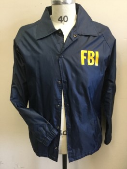 FIRST CLASS, Navy Blue, Nylon, Solid, (MULTIPLE)  Collar Attached, Solid White Lining, Snap Front, 2 Slant Pockets, Raglan Long Sleeves with Elastic Hem,  with Yellow 'FBI" Front & Back