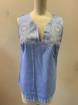 Womens, Top, J CREW, Cornflower Blue, White, Cotton, Solid, Medallion Pattern, 00, Slvls, Round Neck with Slit, Circle Cutout Embroidery