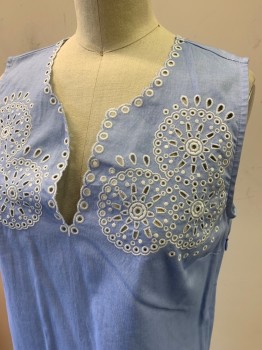 Womens, Top, J CREW, Cornflower Blue, White, Cotton, Solid, Medallion Pattern, 00, Slvls, Round Neck with Slit, Circle Cutout Embroidery