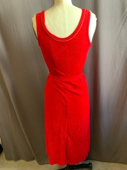 NL, Red, Cotton, Ramie, Terry Cloth, Gold Flower Print on Skirt, Scoop Neck, Gold Piping on Neckline, Sleeveless,  with Matching Belt, Hem Below Knee