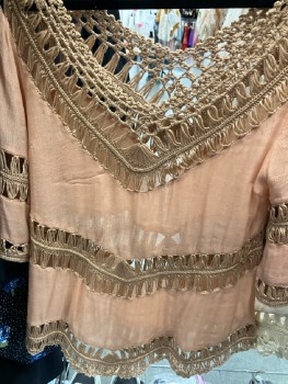 Womens, Top, N/L, B:36, Burnt Peach Sheer Crepe with Rayon Yarn Inserts And Trim, V-N, V-back, S/S,