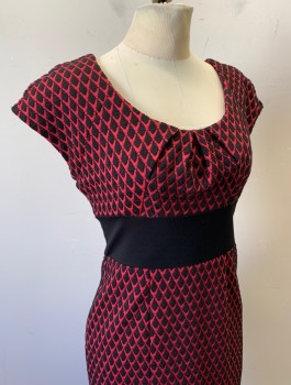 Womens, Dress, Short Sleeve, TRACY REESE, Fuchsia Pink, Black, Polyester, Spandex, Diamonds, Sz.2, Textured Knit, Raglan Cap Sleeves, Scoop Neck, Solid Black 3" Wide Waistband, Straight Cut Through Hips, Knee Length, Invisible Zipper in Back