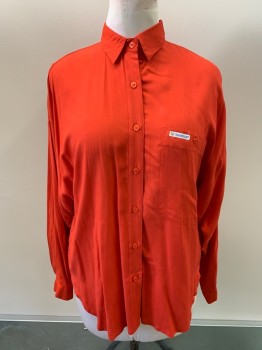 PADDOCK'S, Red, Viscose, Solid, L/S, Button Front, Pocket With Button, Small White Strip Logo