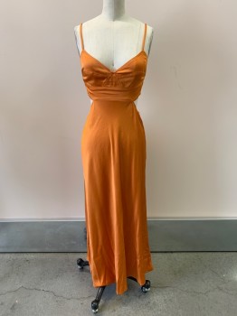 Womens, Evening Gown, A.L.C., Orange, Polyester, 2, V-N, Adjustable Straps, Shirred Back, Cut Out Sides & Back, Zip Front, Floor Length