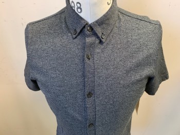 CALVIN KLEIN, Black, Lt Gray, Cotton, Heathered, Short Sleeves, Button Front, Button Down Collar Attached,