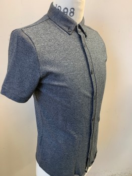 CALVIN KLEIN, Black, Lt Gray, Cotton, Heathered, Short Sleeves, Button Front, Button Down Collar Attached,