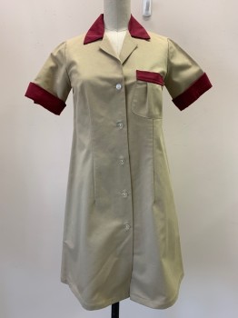 Womens, Waitress/Maid, NO LABEL, Khaki Brown, Red, Polyester, Cotton, Color Blocking, S, S/S, Button Front, Collar Attached, Chest Pocket, Pleated Back, Red Trim