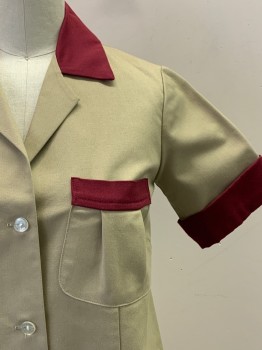 NO LABEL, Khaki Brown, Red, Polyester, Cotton, Color Blocking, S/S, Button Front, Collar Attached, Chest Pocket, Pleated Back, Red Trim