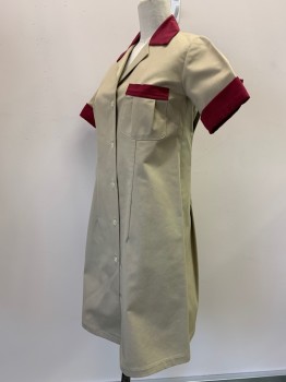 Womens, Waitress/Maid, NO LABEL, Khaki Brown, Red, Polyester, Cotton, Color Blocking, S, S/S, Button Front, Collar Attached, Chest Pocket, Pleated Back, Red Trim