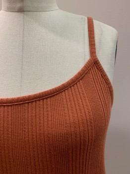 Womens, Top, MADEWELL, Caramel Brown, Cotton, Polyester, Solid, S, Scoop Neck, Self Textured Stripes