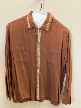 N/L, Brown, Solid, Textured Fabric, LSBF, CA, 2 Front Pckts, Decorative White Embroidered Stripe Around Collar & CF, Straight Hem