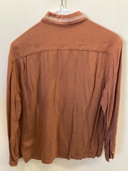 N/L, Brown, Solid, Textured Fabric, LSBF, CA, 2 Front Pckts, Decorative White Embroidered Stripe Around Collar & CF, Straight Hem