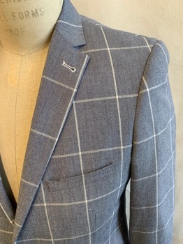 Mens, Sportcoat/Blazer, PAISLEY & GRAY, Lt Blue, White, Polyester, Rayon, Heathered, Plaid-  Windowpane, 40L, Single Breasted, 2 Buttons,  4 Pockets, 4 Button Sleeves, Notched Lapel, Double Vent