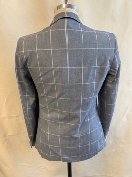 Mens, Sportcoat/Blazer, PAISLEY & GRAY, Lt Blue, White, Polyester, Rayon, Heathered, Plaid-  Windowpane, 40L, Single Breasted, 2 Buttons,  4 Pockets, 4 Button Sleeves, Notched Lapel, Double Vent