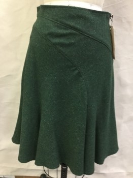 Womens, Skirt, Knee Length, PETRO ZILLA, Moss Green, Multi-color, Wool, Tweed, 6, No Waistband, Side Zipper, Nicely Draped Gores