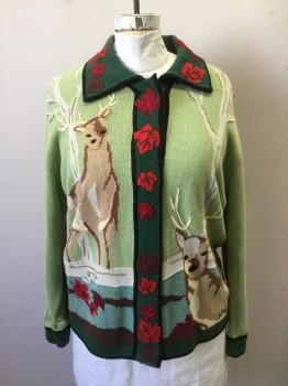 Womens, Sweater, STORYBOOK KNITS, Mint Green, Forest Green, Red, Maroon Red, Lt Brown, Ramie, Cotton, Novelty Pattern, 1X, Button Front, Felt Leaf Appliqué Hidden Placket/Collar, Deer/Tree Front, See Detail Photo,