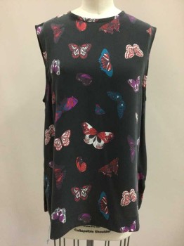 EQUIPMENT, Multi-color, Silk, Novelty Pattern, Black with Colorful Butterfly Print, Crew Neck, Sleeveless