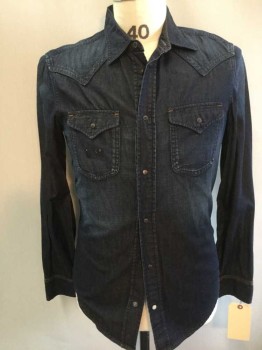 DIESEL INDUSTRY, Denim Blue, Cotton, Solid, Snap Front, 2 Flap Pockets, Western Yoke, Collar Attached