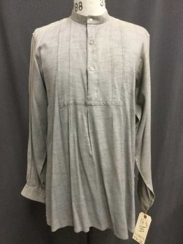 Heather Gray, Rayon, 3 Buttons, Collar Band, Pleated Bib Front, Long Sleeves, Shoulder Burn & Aged, Raw Edge Hem