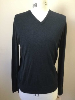 Mens, Pullover Sweater, BANANA REPUBLIC, Teal Blue, Black, Silk, Cotton, Heathered, M, V-neck, Long Sleeves,