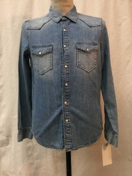 H&M, Denim Blue, Cotton, Solid, Blue Denim, Snap Front, Collar Attached, Long Sleeves, 2 Flap Pockets