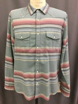 LUCKY BRAND, Gray, Dusty Red, Pink, White, Black, Cotton, Stripes - Horizontal , Western, Snap Front, 2 Flap Pocket, Long Sleeves, Dusty Rainbow Stripes Flannel