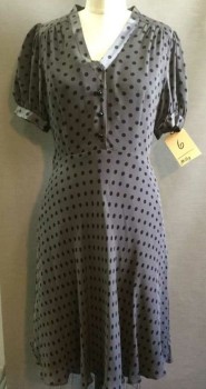 MILLY, Gray, Black, Silk, Polka Dots, Button Front, V-neck, Short Puff Sleeves, Side Zipper, Flared Bias Skirt, Crepe with Satin Trims
