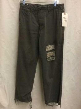 Mens, Casual Pants, DOCKERS, Gray, Cotton, Solid, Patchwork, 30/30, Gray, Aged & Distressed, Patchwork Detail  on Left Leg