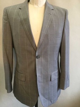 Mens, Suit, Jacket, ANGELO ROSSI, Gray, White, Polyester, Rayon, Plaid - Tattersall, 38R, Gray with White Tattersall, Single Breasted, Notched Lapel, 2 Buttons,  3 Pockets