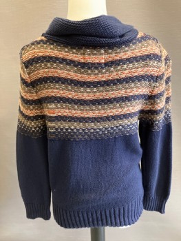 Childrens, Sweater, PEEK, Navy Blue, Orange, Tan Brown, Olive Green, Cotton, Stripes - Horizontal , 6/7, M, Pullover, Woven Horizontal Stripes Top with Navy Bodice, Collar Attached and Long Sleeves, 2 Button Front, Ribbed Cuffs & Hem