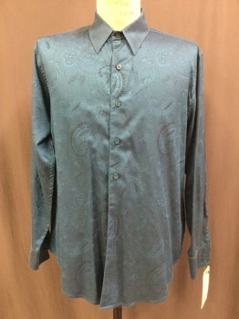 ROBERT GRAHAM, Teal Blue, Black, Cotton, Paisley/Swirls, 2 Color Weave, Button Front, Collar Attached, Long Sleeves,