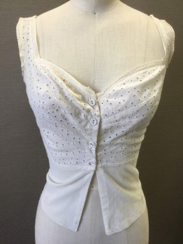 N/L, Off White, Cotton, Floral, Solid, Eyelet Cotton Bust/Top Half with Floral and Vine Embroidery, Sleeveless, 1" Wide Straps, Sweetheart Bust, 4 Fabric Covered Buttons at Front, Sheer Mesh Bottom Half, Made To Order Reproduction **Stained on Mesh