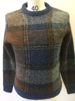 Mens, Pullover Sweater, JCREW, French Blue, Brown, Gray, Wool, Cotton, Check , S, Crew Neck, Boucle'