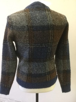 Mens, Pullover Sweater, JCREW, French Blue, Brown, Gray, Wool, Cotton, Check , S, Crew Neck, Boucle'