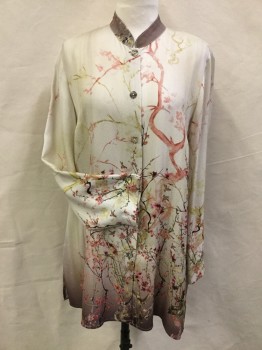 Womens, Suit, Jacket, CITRON, Off White, Coral Orange, Taupe, Dk Brown, Dusty Red, Silk, Floral, M, Long Sleeves, Button Front, Mandarin Collar, Multicolor Painted Floral...