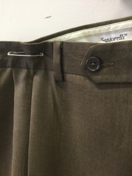 SANTORELLI, Brown, Wool, Solid, Double Pleated, Button Tab Waist, Zip Fly, 4 Pockets, Relaxed Leg, Cuffed Hems, 90's/00's