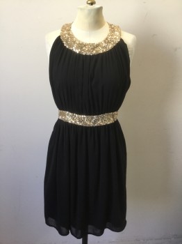Womens, Cocktail Dress, RED CLOVER, Black, Gold, Polyester, Sequins, Solid, M, Black Chiffon with Gold Sequin Covered Round Halter Neck and Waistband, Gathered at Bust and Waist, Open Keyhole in Back, Hem Above Knee